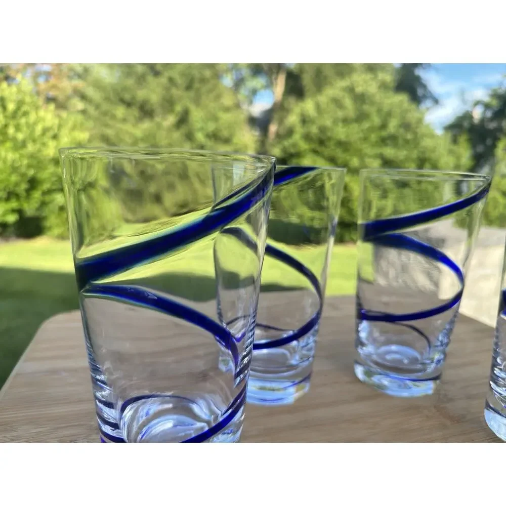 Pier 1 Swirline Cobalt Blue Swirl Glass Highball Tumblers 6-3/8